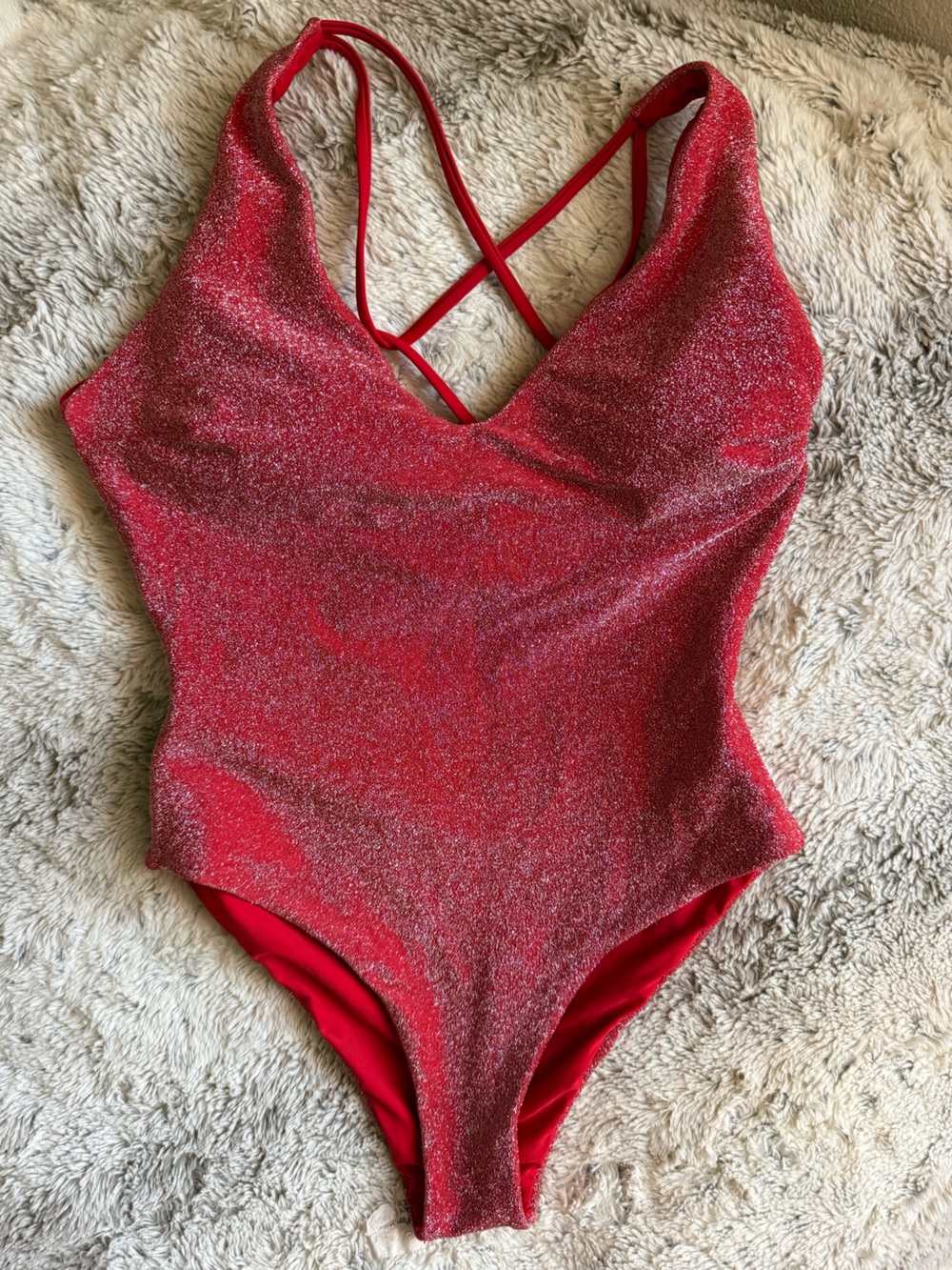 Berlook Red Shimmer V Neck One-Piece Swimsuit Bodysuit - Picture 3 of 4
